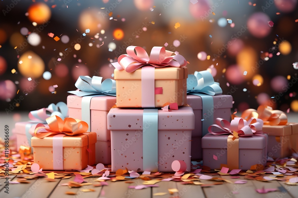 Obraz premium A 3D render of gift boxes with ribbons and bows placed on a white podium surrounded by colorful confetti, perfect for a birthday, Valentinea??s, or holiday celebration, captured in high-definition, in