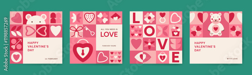 Valentine's Day Square geometric Poster template. Set of declaration of love cards with simple bear, letter gift eye glass ring cup in flat style. Trendy romantic post, banner cover