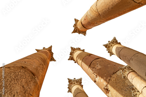 Roman Columns in the Jordanian city of Jerash (Gerasa of Antiquity), capital and largest city of Jerash Governorate, Jordan. Carved on white background photo