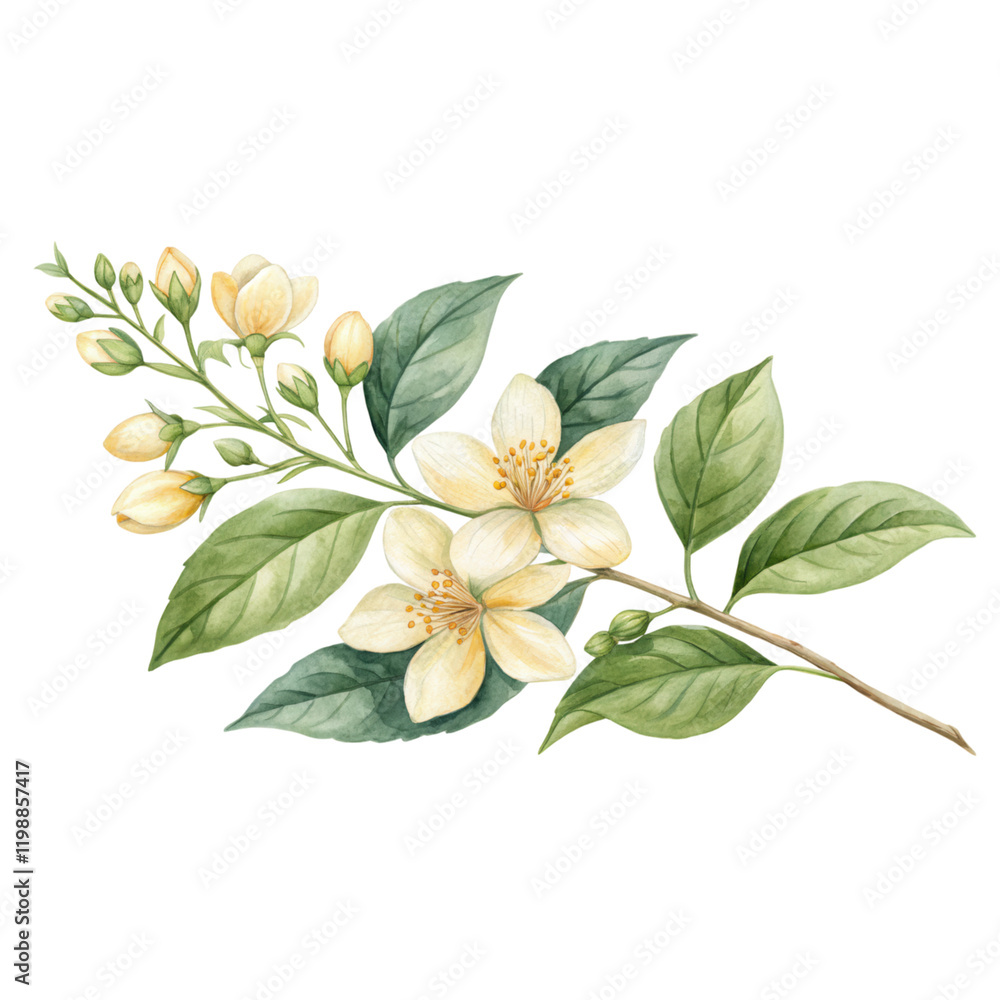 A delicate branch featuring cream-colored flowers and lush green leaves, showcasing the beauty of nature. A delicate branch featuring cream-colored flowers and lush green leaves, showcasing the beauty of nature.