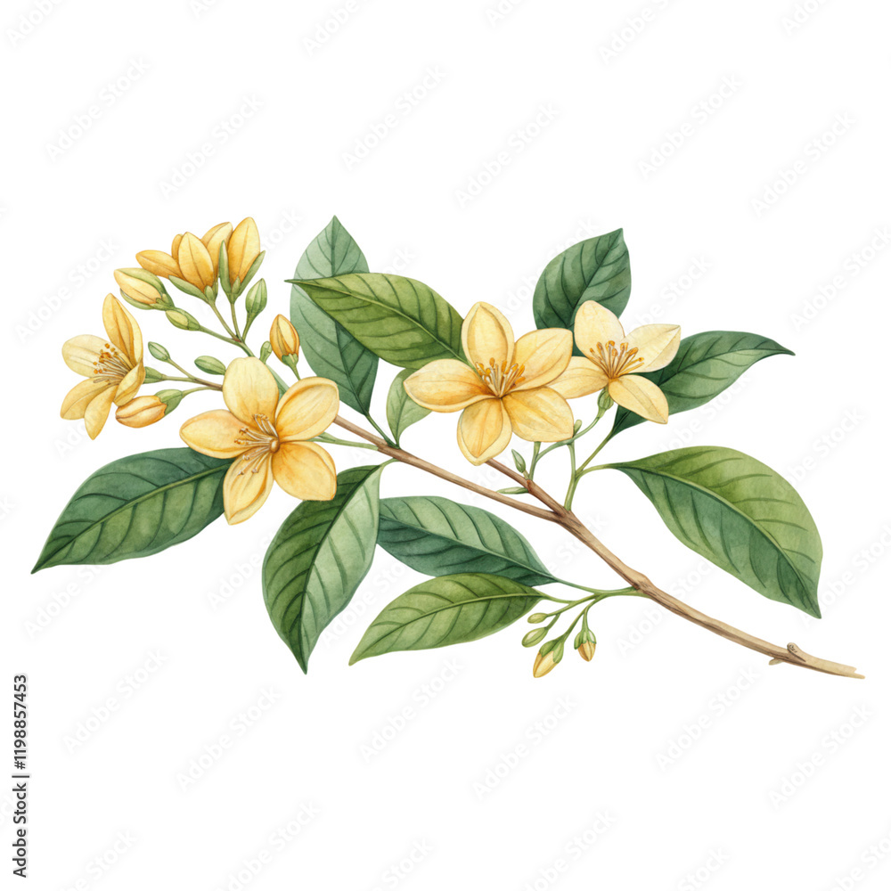 A delicate branch featuring vibrant yellow flowers and lush green leaves, showcasing intricate details and natural beauty. A delicate branch featuring vibrant yellow flowers and lush green leaves, showcasing intricate details and natural beauty.