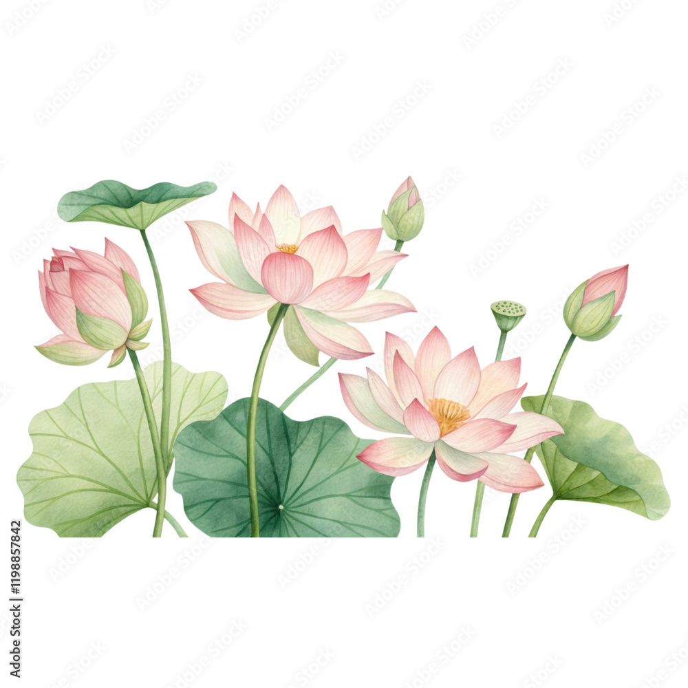 A collection of pink lotus flowers and green leaves in various stages of bloom.