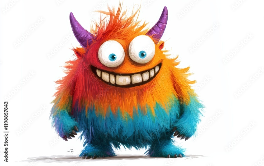 Fototapeta premium Friendly colorful monster with small horns and a big smile, isolated on a white surface