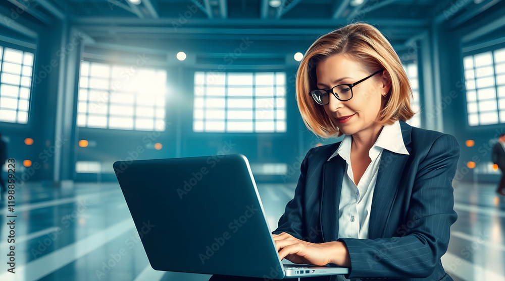 Middle age European business woman CEO using laptop application for work at table workspace in office. Smiling Latin Hispanic mature adult professional businesswoman using pc digital computer. Banner Middle age European business woman CEO using laptop application for work at table workspace in office. Smiling Latin Hispanic mature adult professional businesswoman using pc digital computer. Banner