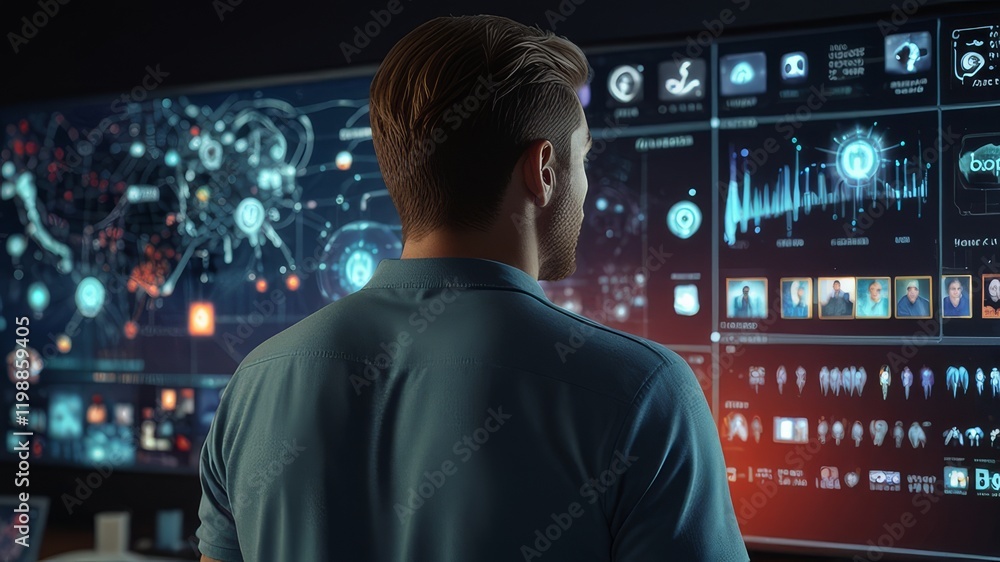 Back View Of Caucasian Man Looking at 3D Cyberspace With Animated Social Media Interfaces, Online Video Games, Viral Videos, Internet Content. Visualization Of Male Enthusiast Surfing Computer Network Back View Of Caucasian Man Looking at 3D Cyberspace With Animated Social Media Interfaces, Online Video Games, Viral Videos, Internet Content. Visualization Of Male Enthusiast Surfing Computer Network