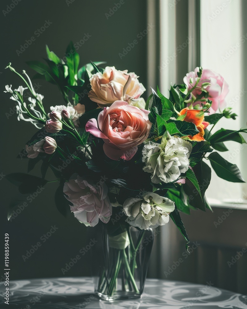 Obraz premium Elegant floral bouquet on a table with soft indoor lighting