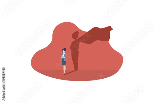 Business woman dreams of becoming a superhero. Confident pretty young woman standing superhero shadow concept illustration.