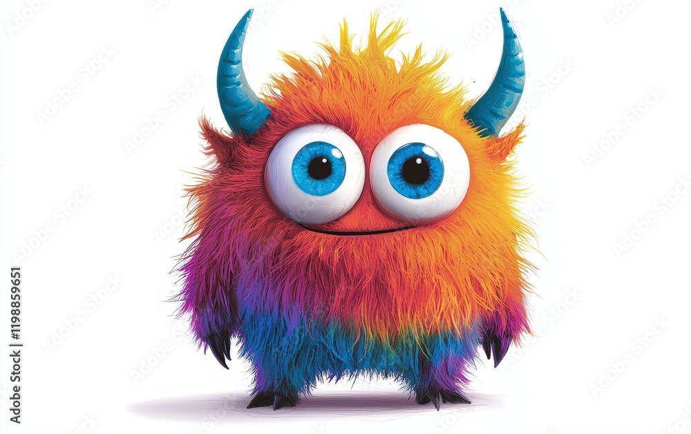 funny Fluffy bright monster with horns and big blue eyes, cartoon charachter standing on a bright white background funny Fluffy bright monster with horns and big blue eyes, cartoon charachter standing on a bright white background