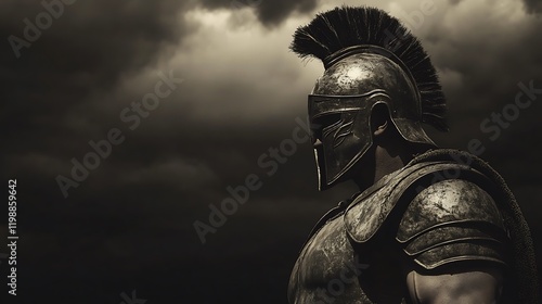 An ancient warrior in full armor with a crest helmet standing stoically in a stark minimalist setting under dramatic lighting photo