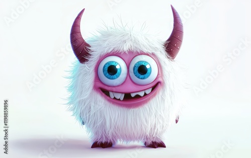 funny Fluffy bright monster with horns and big blue eyes, cartoon charachter standing on a bright white background