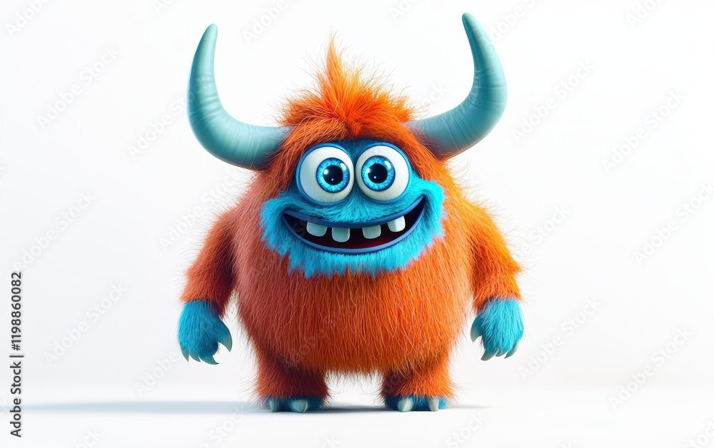 funny Fluffy bright monster with horns and big blue eyes, cartoon charachter standing on a bright white background funny Fluffy bright monster with horns and big blue eyes, cartoon charachter standing on a bright white background