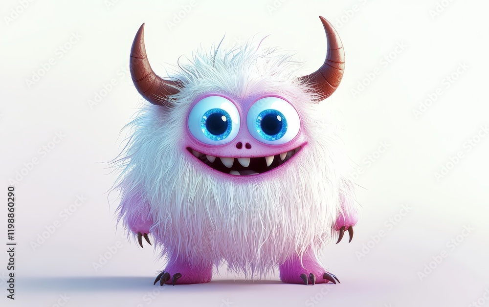 Fototapeta premium funny Fluffy bright monster with horns and big blue eyes, cartoon charachter standing on a bright white background
