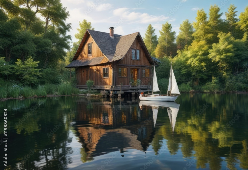 A small white sailboat bobbing gently on the lake water beside a rustic wooden house, rustic house, soft focus A small white sailboat bobbing gently on the lake water beside a rustic wooden house, rustic house, soft focus