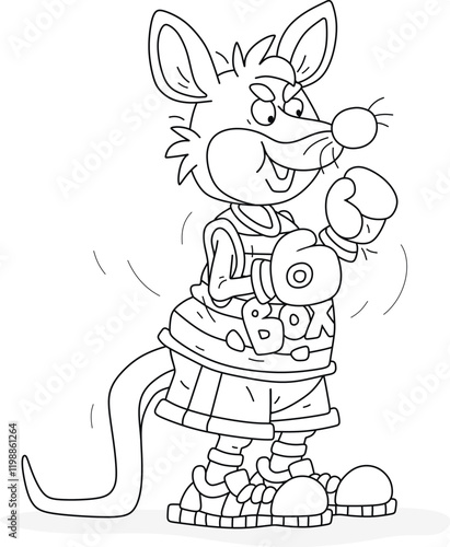 Funny Australian kangaroo boxer in sportswear with boxing gloves preparing for a fight in a ring, black and white outline vector cartoon illustration for a coloring book