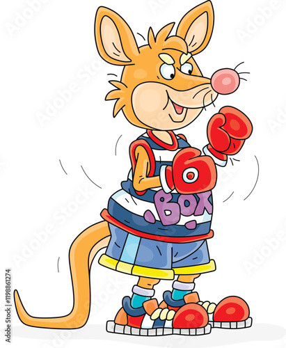Funny Australian kangaroo boxer in sportswear with boxing gloves preparing for a fight in a ring, vector cartoon illustration on a white background