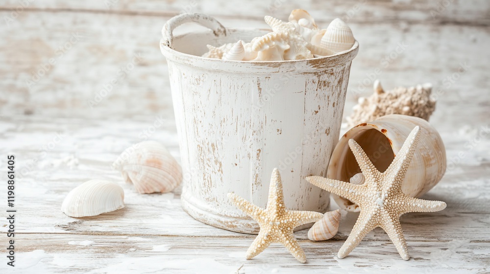 Fototapeta premium Seashells and Starfish in a White Bucket on Rustic Wooden Background