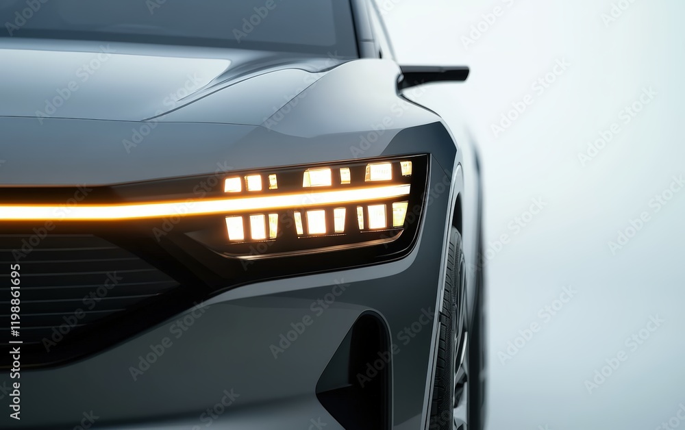 Fototapeta premium High-tech car matrix headlight with integrated daytime running light strip, glowing against a neutral background