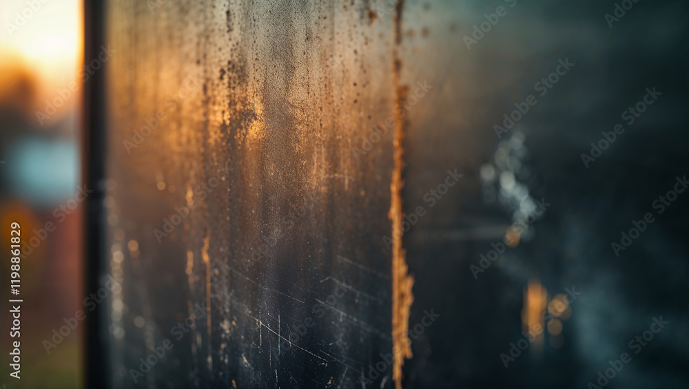 Fototapeta premium Close up of dirty and scratched glass reflecting golden sunset light