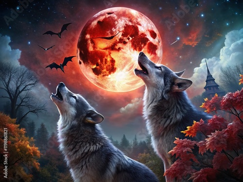 Howling Wolves Blood Moon Halloween Night Stock Photo photo