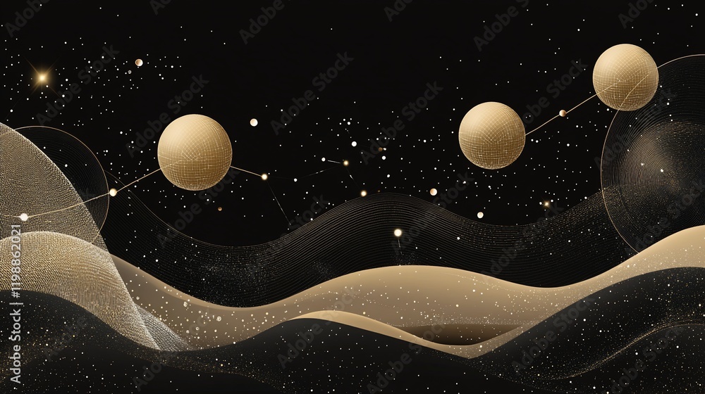 Fototapeta premium Abstract Golden Celestial Landscape: Elegant Black and Gold Cosmic Waves with Glowing Planets