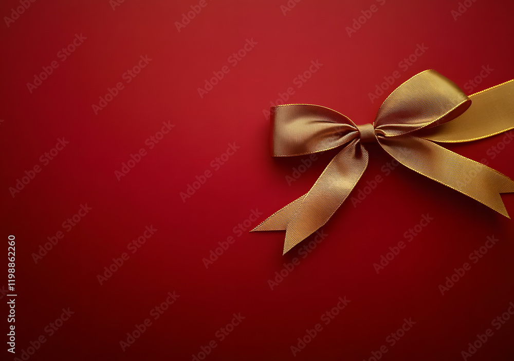 Golden ribbon is forming a bow on a red background for a christmas gift