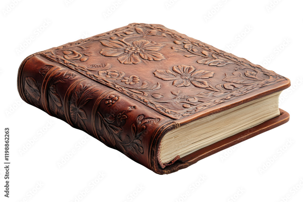Obraz premium Handcrafted leather-bound book featuring intricate floral designs and textured cover