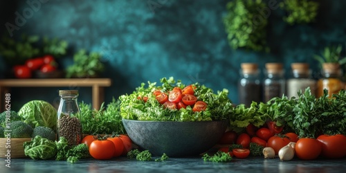 Vibrant Green Salad Bowl with Cherry Tomatoes and Fresh Herbs