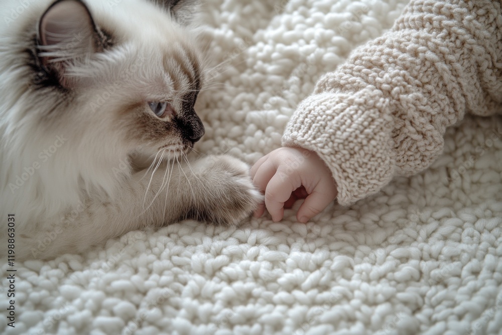 Closeup photo captures Ragdoll cat playing with baby on blanket with bright colors and soft lighting Closeup photo captures Ragdoll cat playing with baby on blanket with bright colors and soft lighting
