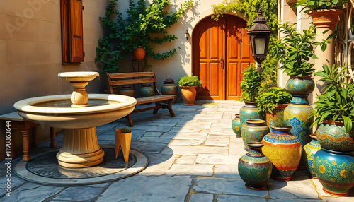 Fototapeta Naklejka Na Ścianę i Meble -  A_icon_of_In_a_serene,_sun-drenched_courtyard,_an_eclectic_assemblage_of_inanimate_objects_harmoniously_coexist_A_weathered,_ivory-hued Generative AI