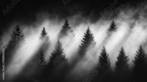 Black and White Photo of Trees Silhouetted Against a Dense Fog with Rays of Light