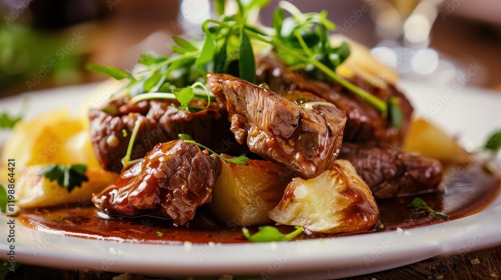 Savory meat dish with potatoes and fresh herb garnish Savory meat dish with potatoes and fresh herb garnish