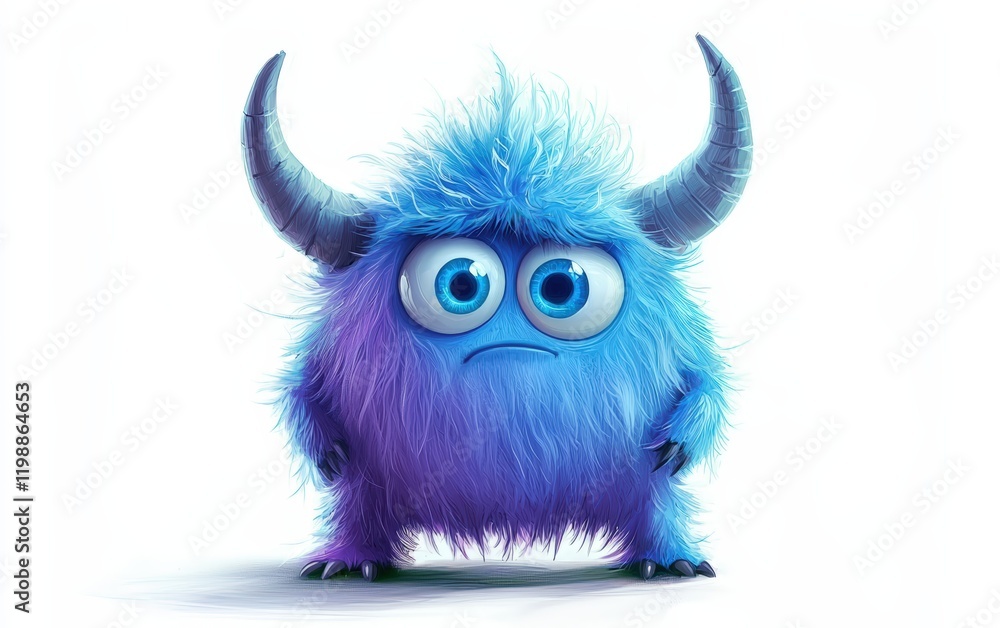 Naklejka premium funny Fluffy bright monster with horns and big blue eyes, cartoon charachter standing on a bright white background