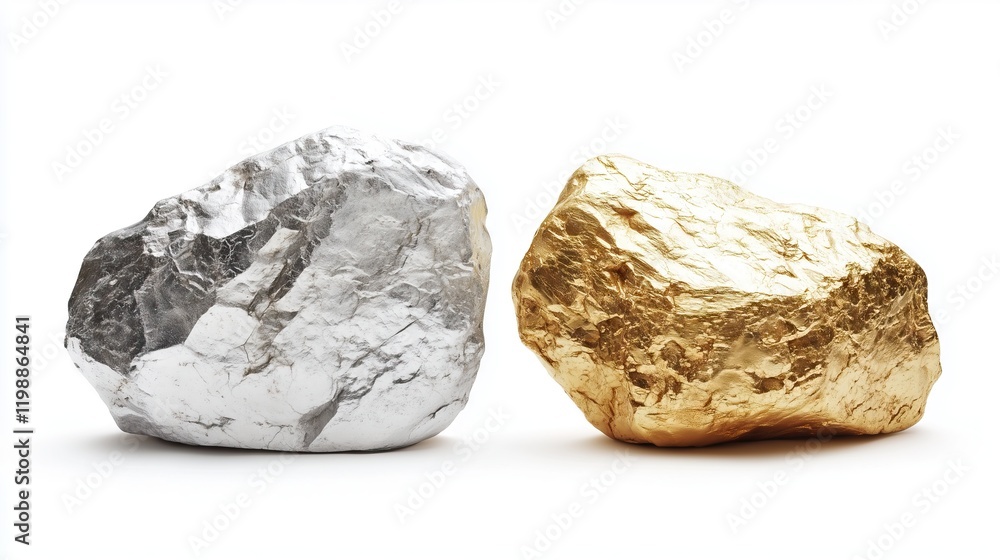 Two large gold and silver stone on a white background Two large gold and silver stone on a white background