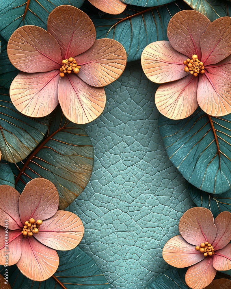 Obraz premium Peach Flowers and Teal Leaves on Cracked Background
