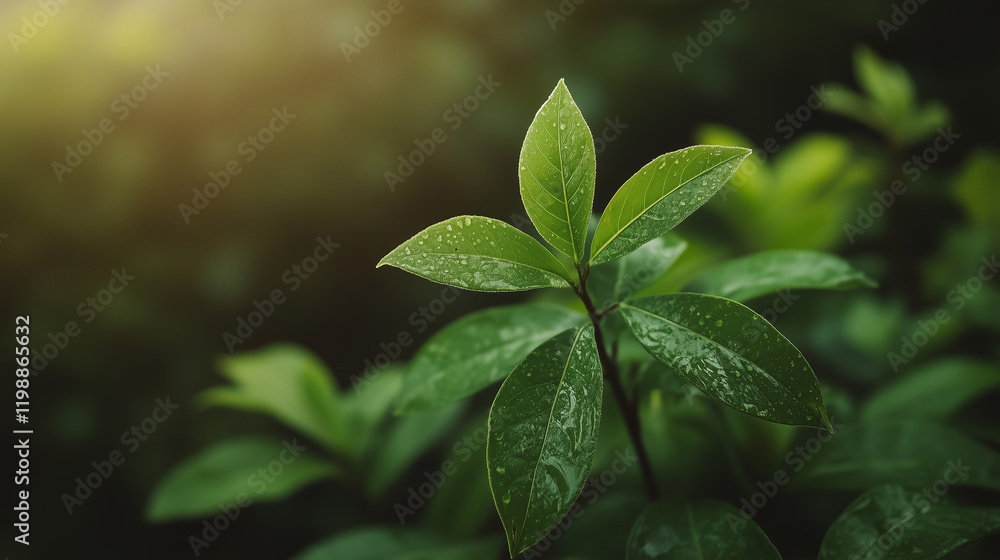 Lush green leaves with water droplets in serene, sunlit garden setting. soft light creates peaceful atmosphere, highlighting natural beauty of foliage Lush green leaves with water droplets in serene, sunlit garden setting. soft light creates peaceful atmosphere, highlighting natural beauty of foliage