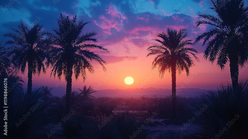Obraz premium Sunset Oasis: Palm Trees & Desert Landscape