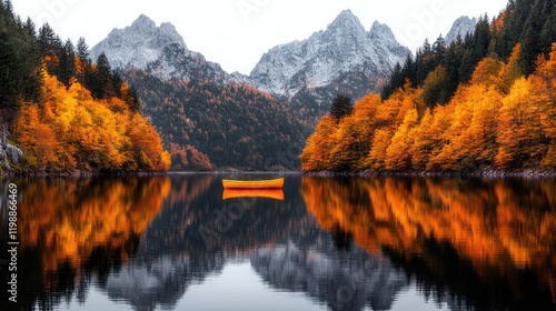 Wallpaper Mural Autumnal lake, mountains, boat reflection, serene landscape, travel poster Torontodigital.ca