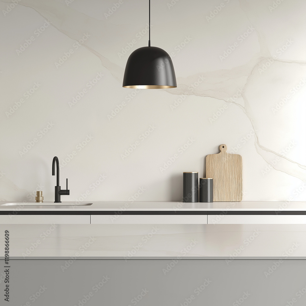 A black lamp is hanging from the ceiling above a white countertop