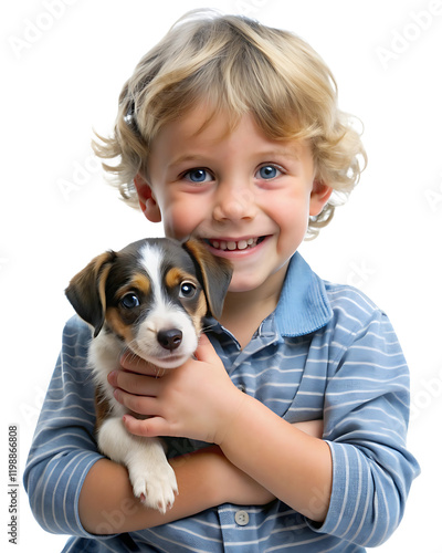 Little boy holding a puppy, isolated on transparent background. Cute child playing with pet, joyful moment with small dog, portrait of happy boy with puppy