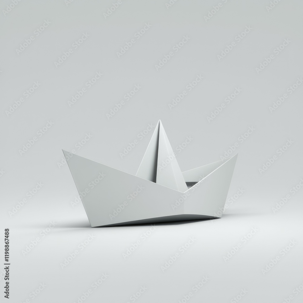 A simple white origami paper boat sits on a plain white background. A simple white origami paper boat sits on a plain white background.