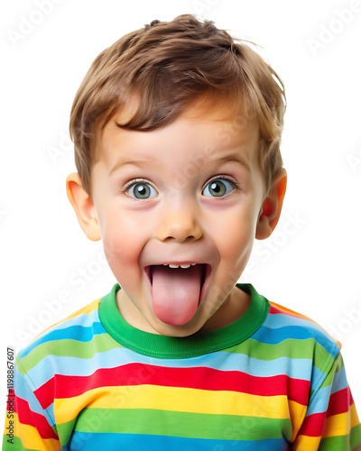 Funny little boy showing his tongue, isolated on transparent background, playful child portrait. Cute boy making funny face,