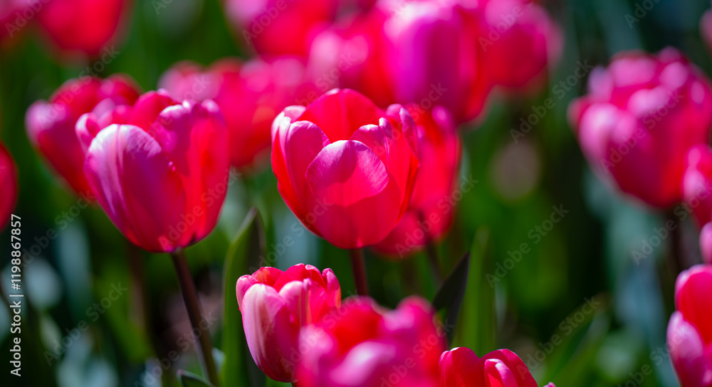 Spring blossom flowers. Tulips field in spring time. Close up tulip flowers background. Colorful tulip flowering in the garden at sunny summer or spring day. Selective soft focus. Spring blossom flowers. Tulips field in spring time. Close up tulip flowers background. Colorful tulip flowering in the garden at sunny summer or spring day. Selective soft focus.