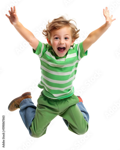 Little boy playing and jumping in the air with a happy smile, isolated on a transparent background. Joyful child having fun, enjoying outdoor activities.

