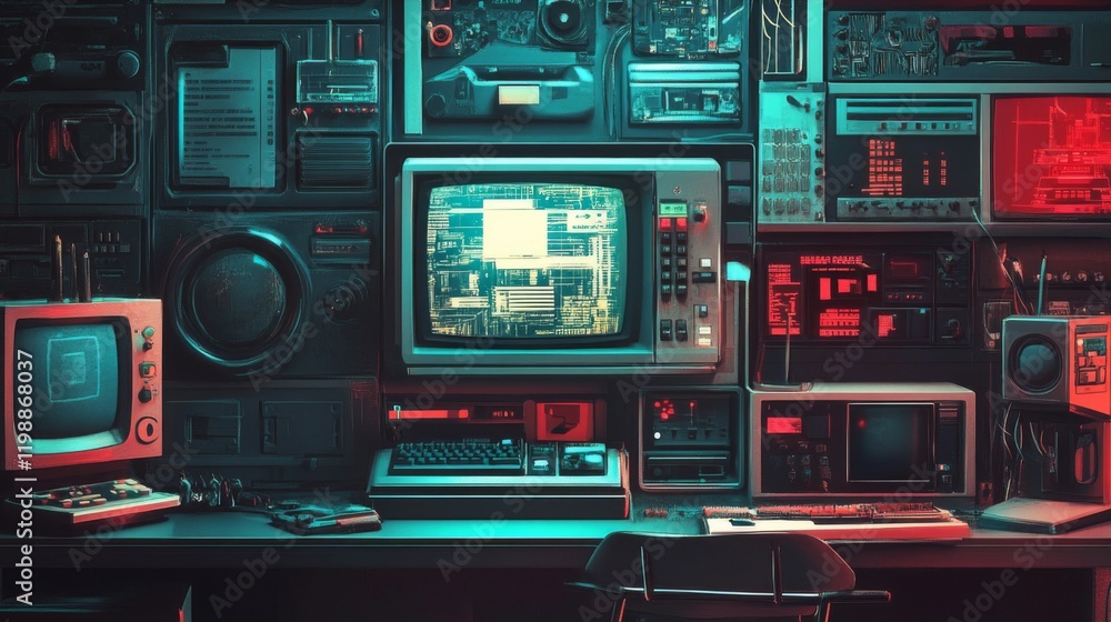 Fototapeta premium Retro Technology Setup with Vintage Computers and Neon Glow