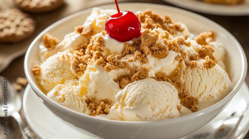Delicious Vanilla Ice Cream Sundae with Crumble Topping and Cherry Delicious Vanilla Ice Cream Sundae with Crumble Topping and Cherry
