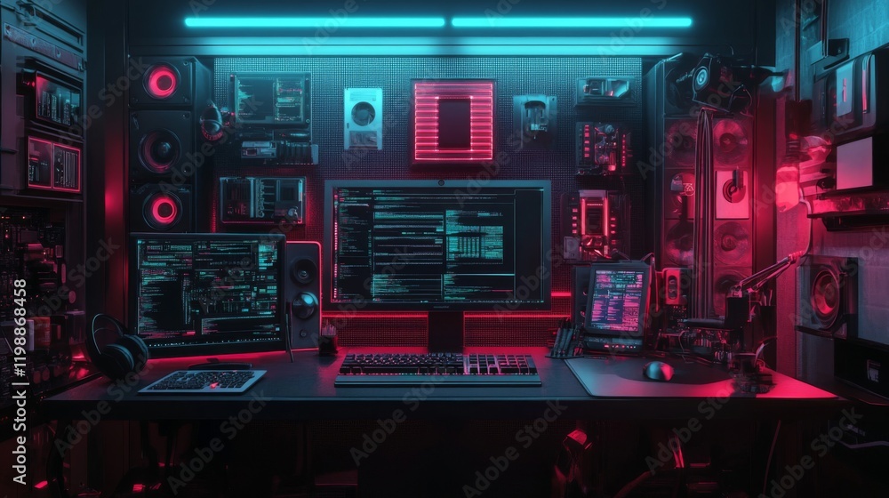 Fototapeta premium Cyberpunk Gamer Workstation with Neon Lights