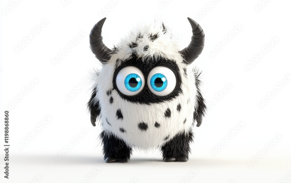 Naklejka premium 3D funny fluffy black-and-white spotted monster with horns and big blue eyes, cartoon character standing on a bright white background