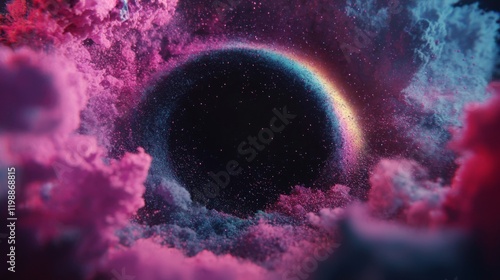 Abstract Cosmic Nebula Vibrant Pink Teal and Rainbow Hues Exploding Around Black Hole
