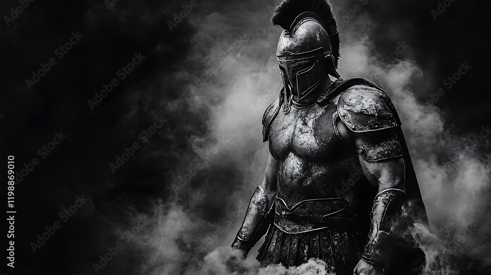 Spartan warrior standing strong, black and white armor detailed, with a dark background and light white smoke Spartan warrior standing strong, black and white armor detailed, with a dark background and light white smoke