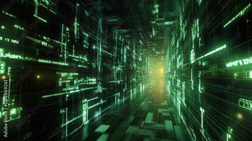Fototapeta premium Glowing Green Digital Tunnel of Data Streams and Binary Code